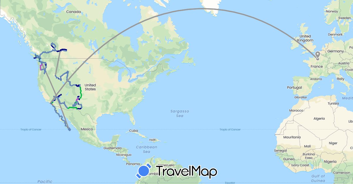 TravelMap itinerary: driving, bus, plane, cycling, train, hitchhiking, ferry in Canada, France, Mexico, United States (Europe, North America)